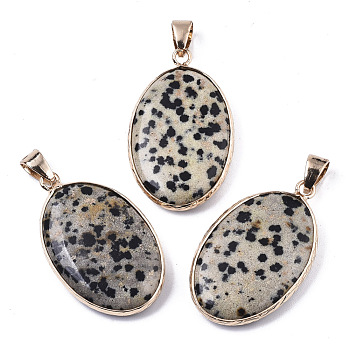 Natural Dalmatian Jasper Pendants, with Light Gold Plated Brass Edge and Snap on Bail, Oval, 35~36x21.5x6.5mm, Hole: 6x8mm