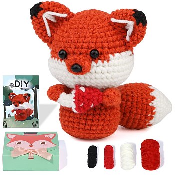 DIY Fox Crochet Kits for Beginners, including Polyester Yarn, Fiberfill, Crochet Needle, Yarn Needle, Support Wire, Stitch Marker, Red, Package Size: 23x16.8cm