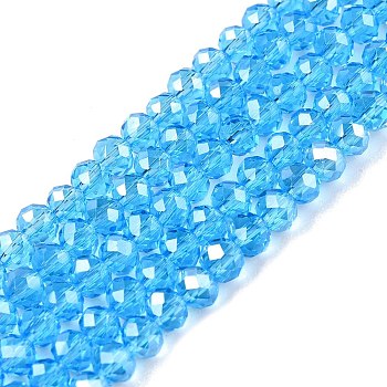 Electroplate Glass Beads Strands, Pearl Luster Plated, Faceted, Rondelle, Deep Sky Blue, 3.5~3.8x3mm, Hole: 0.4mm, about 113~115pcs/strand, 32.5~33cm