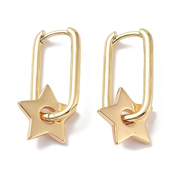 Brass Dangle Hoop Earrings, Star, Real 18K Gold Plated, 28.5x13mm