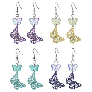 430 Stainless Steel & Glass Dangle Earrings, Butterfly, Mixed Color, 61x22mm