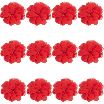 12Pcs 3D Chiffon Flower, Ornament Accessories, Red, 69~70x23~25mm