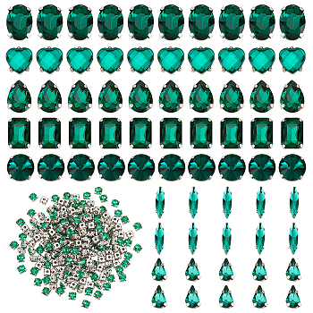 270Pcs 8 Style Gradient Color Sew on Rhinestone, Multi-strand Links, Acrylic Rhinestone, with Brass Prong Settings, Garments Accessories, Heart/Horse Eye/Teardrop, Green, 5~19x5~13x4~8mm, Hole: 0.8~1.5mm