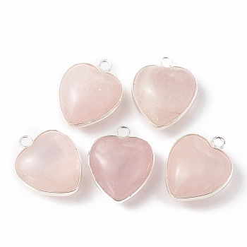 Natural Rose Quartz Pendants, with Silver Color Plated Brass Findings, Heart Charms, 18~19x15~17x7~10mm, Hole: 2mm
