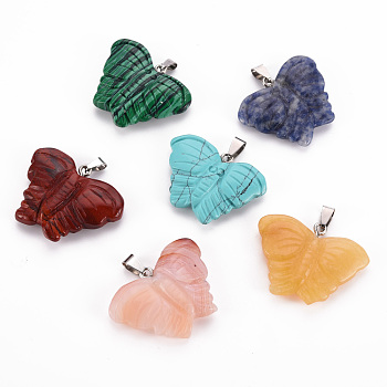 Natural & Synthetic Mixed Gemstone Pendants, with Platinum Brass Bails, Butterfly, 28.5~32x38.5~41x7~10.5mm, Hole: 3.5x8.5mm