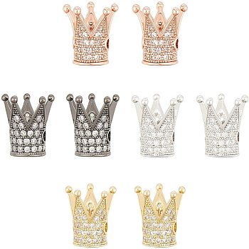 Brass Micro Pave Cubic Zirconia Crown Beads, Lead Free & Cadmium Free & Nickel Free, Clear, Mixed Color, 12.5x12mm, Hole: 1.5mm, Inner Diameter: 5mm, 4colors, 2pcs/color, 8pcs/box