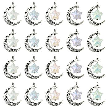20Pcs 5 Colors Tibetan Style Alloy & Acrylic Pendants, with 304 Stainless Steel Jump Rings, Moon & Star Charms, Mixed Color, 37x30x9mm, Hole: 6mm, 4pcs/color