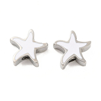316L Surgical Stainless Steel Beads, with Enamel, Stainless Steel Color, Starfish, White, 9x9.5x3.5mm, Hole: 1.8mm