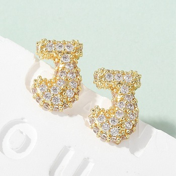 Brass Micro Pave Cubic Zirconia Stud Earrings, Rack Plating, Long-Lasting Plated, Real 18K Gold Plated, Letter J, 13.5x9mm