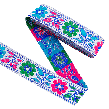 Ethnic Style Embroidery Polyester Ribbons, Jacquard Ribbon, Garment Accessories, Colorful, Flower Pattern, 1-3/8 inch(34mm), about 7.66 Yards(7m)/Roll