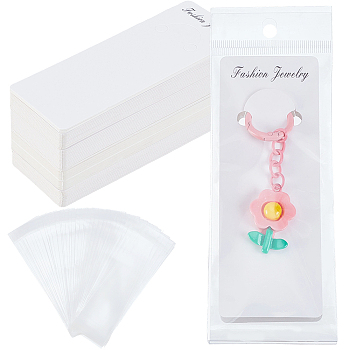 120Pcs Paper Keychain Display Cards, with 120Pcs Rectangle OPP Cellophane Bags, Rectangle with Word Fashion Jewelry, White, 12.8x4.8x0.03cm, Hole: 7mm