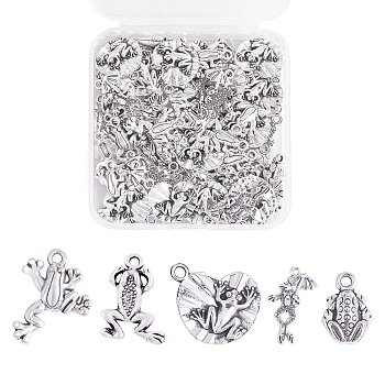 100Pcs 5 Style Tibetan Style Alloy Charms, Frog, Antique Silver, 13~26x9~18x2~3mm, Hole: 1.5~2mm, 20pcs/style