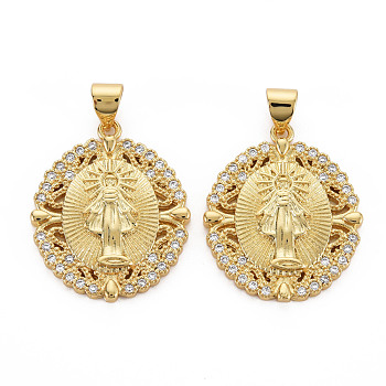 Brass Micro Pave Cubic Zirconia Pendants, Nickel Free, Oval with Virgin, Real 16K Gold Plated, 25x20.5x2.5mm, Hole: 3x5mm