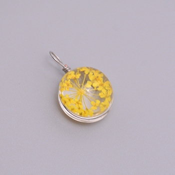 Transparent Glass Pendants, with Dried Flower inside and Stainless Steel Finding, Flat Round, Stainless Steel Color, Yellow, 20~23x15x12mm, Hole: 1.5mm