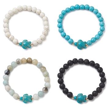 4Pcs Round Natural Amazonite & Lava Rock & Synthetic Turquoise Beaded Stretch Bracelets, Summer Beach Turtle Bracelets for Women Men, Inner Diameter: 2-1/8 inch(5.5cm), Beads: 7.5~8.5mm