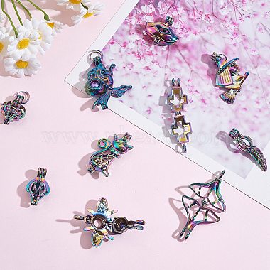 10Pcs 10 Styles Rainbow Color Plated Alloy Bead Cage Pendants(FIND-SZ0002-55)-4