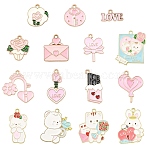 15Pcs 15 Styles Valentine's Day Theme Alloy Enamel Pendants, Lead Free & Cadmium Free, Golden, Key/Heart/Flower Charms, Pink, 9.5~28x14~25x1~1.4mm, Hole: 1.6~1.8mm, 1pc/style (ENAM-YW0008-43)