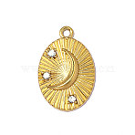 304 Stainless Steel Pendants, Oval with Moon Pattern Charms, with Rhinestone, Ion Plating(IP), Mirror Polished Finish, Real 18K Gold Plated, 23x15mm, Hole: 1.8mm(STAS-OY014-82G)
