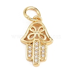 Brass Micro Pave Clear Cubic Zirconia Pendants, Hamsa Hand Charms, Long-Lasting Plated, Rack Plating, Lead Free & Cadmium Free, Real 18K Gold Plated, 14.5x9x3mm, Hole: 3.2mm(KK-H273-08G)