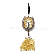 Natural Yellow Quartz Chip Tree of Life Pendants Decoration, Brass Horse Shose Tassel Gems Hanging Ornaments, 220mm, Pendant: 170x59x7mm(G-F733-06D)