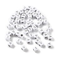 Opaque Acrylic Beads, Square with Letter, Silver Metal Enlaced, Letter V, 5x5x5mm, Hole: 2mm, about 5000ocs(OACR-D282-06V)