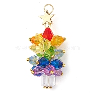 Glass Beads Pendants, with Golden Brass Beads & Loop, Christmas Tree with Star, Colorful, 42x17.5mm, Hole: 3.6mm(PALLOY-JF03013)