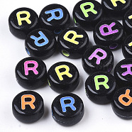 Opaque Black Acrylic Beads, Horizontal Hole, Flat Round with Mixed Color Letter, Letter.R, 7x4mm, Hole: 1.6mm, about 3312pcs/460g(MACR-N008-17R)
