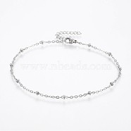 Tarnish Resistant 304 Stainless Steel Anklets, with Lobster Claw Clasps, Round Beads and Cable Chains, Stainless Steel Color, 9 inch(230mm), 2mm(AJEW-H013-06P)