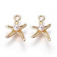 Alloy Pendants, with Acrylic Imitation Pearl, Starfish/Sea Stars, Golden, 17x11.5x4.5mm, Hole: 2mm(X-PALLOY-E423-07G)