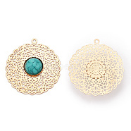 Brass Pendants, with Synthetic Turquoise, Flat Round, Light Gold, 33.5x30.5x5.5mm, Hole: 1.5mm(KK-TAC0017-01LG)