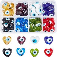 Handmade Evil Eye Lampwork Beads, Heart, Mixed Color, 13~15x15x9mm, Hole: 2mm, 8 colors, 8pcs/color, 64pcs/box(LAMP-NB0001-17)