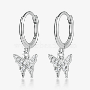Rhodium Plated 925 Sterling Silver Micro Pave Cubic Zirconia Dangle Hoop Earrings, Butterfly, with S925 Stamp, Platinum, 20x8mm(QR5744-2)