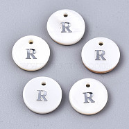 Natural Freshwater Shell Pendants, with Platinum Plated Iron Etched Metal Embellishments, Flat Round with Initial Letter, White, Letter.R, 11x2mm, Hole: 1.5mm(SHEL-Q018-01A-R-P)