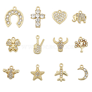48Pcs 12 Styles Rack Plating Alloy Pendants, with Crystal Rhinestone, Cross & Bee & Heart & Guitar & Tree Charms, Light Gold, 12.5~21x10~18.5x2~4.5mm, Hole: 1.2~2mm, 4Pcs/style(FIND-CA0007-29)
