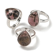 Natural Rhodonite Teardrop Adjustable Rings, Lead Free & Cadmium Free, Silver Plated Brass Finger Rings for Women Men, Teardrop: 18.5x14mm, Inner Diameter: 18mm(RJEW-K371-08S-12)