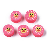 Handmade Polymer Clay Beads, for DIY Jewelry Crafts Supplies, Flat Round with Duck, Hot Pink, 8.5~9.5x4~5mm, Hole: 1.6mm(CLAY-N008-035G)