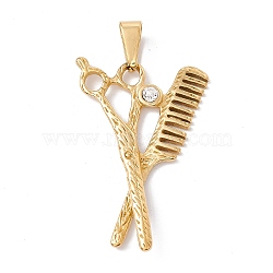 Vacuum Plating 304 Stainless Steel Big Pendants, with Crystal Rhinestone, Textured Scissors & Comb Charm, Golden, 55x34x4.5mm, Hole: 10x5.6mm(STAS-H170-03G)