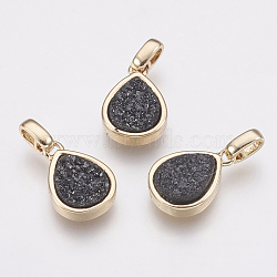 Natural Druzy Agate Pendants, with Brass Finding, teardrop, Golden, Black, 14.5x10x3~4mm, Hole: 2x2.5mm(KK-G343-13E-G)