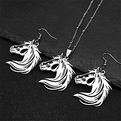 304 Stainless Steel Dangle Earrings & Pendant Necklaces Sets, Horse Head, Stainless Steel Color, Necklaces: 19.69 inch(500mm)(FS-WGE4488-01)
