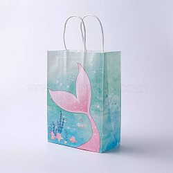 kraft Paper Bags, with Handles, Gift Bags, Shopping Bags, Ocean Theme, Rectangle, Pale Turquoise, 27x21x10cm(CARB-E002-M-C06)
