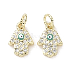 Real 18K Gold Plated Brass Micro Pave Cubic Zirconia Pendants, with Enamel and Jump Ring, Hamsa Hand Charms, Turquoise, 12x8x2.5mm, Hole: 3.4mm(KK-L209-065G-03)