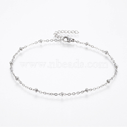 304 Stainless Steel Anklets, with Lobster Claw Clasps, Round Beads and Cable Chains, Stainless Steel Color, 9 inch(230mm), 2mm(AJEW-H013-06P)