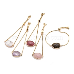 Adjustable Brass Bolo Bracelets, Slider Bracelets, with Cubic Zirconia, Natural Gemstone Links, Oval, Golden, Inner Diameter: 2-3/4 inch(7.1cm)(BJEW-JB05472)
