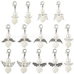 14Pcs 7 Styles ABS Plastic Imitation Pearl Pendant Decorations, Angel, with Alloy Lobster Claw Clasps, Silver, 35~37mm, 2pcs/style(HJEW-FS00042-02-1)