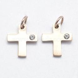 316 Surgical Stainless Steel Tiny Cross Charms, with Cubic Zirconia, Long-Lasting Plated, Clear, Real Rose Gold Plated, 12x11x2mm, Hole: 3mm(STAS-J038-03RG)