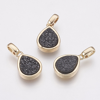 Natural Druzy Agate Pendants, with Brass Finding, teardrop, Golden, Black, 14.5x10x3~4mm, Hole: 2x2.5mm
