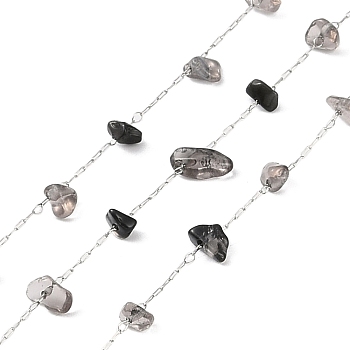 Handmade Natural Smoky Quartz Chip Beads Chain, with 304 Stainless Steel Paperclip Chains, Soldered, with Spool, Stainless Steel Color, 5.5~10x2.5~5x2~3mm