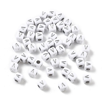 Opaque Acrylic Beads, Square with Letter, Silver Metal Enlaced, Letter V, 5x5x5mm, Hole: 2mm, about 5000ocs