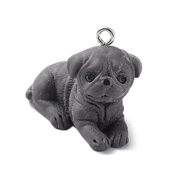 Opaque Resin Dog Pendants, 3D Puppy Charms with Platinum Plated Iron Loops, Gray, 22x26x14mm, Hole: 2mm