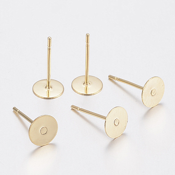 304 Stainless Steel Stud Earring Findings, Flat Round, Real 24k Gold Plated, 10x0.3mm, Pin: 12x0.7mm